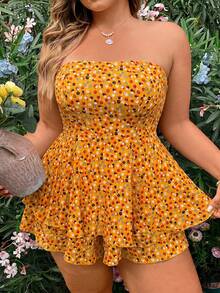 Sunnyshic Plus Size Women Orange Ditsy Floral Strapless Layered Hem Jumpsuit - Orange - View 5