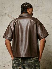 PAVTROS Men's Loose Fit Short Sleeve Zip-Up Shirt - Coffee Brown - View 2