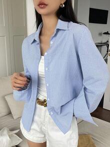 DAZY Women's Striped Long Sleeve Single-Breasted Casual/Work Shirt Petite - Blue - View 10