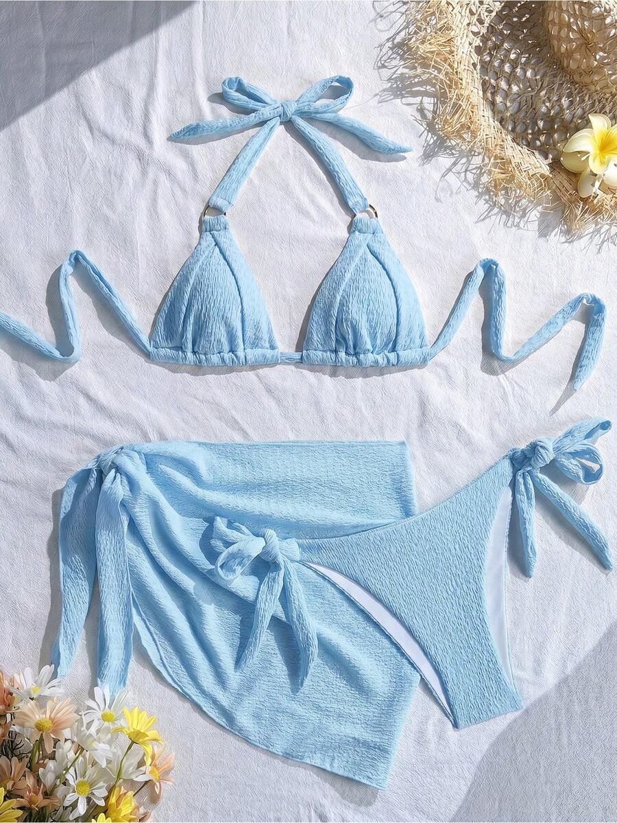 Swim Vcay 2026新款春夏女款3件式泳裝套裝,優雅泳衣與短褲,適合海邊度假 - 藍色 - 查看 1