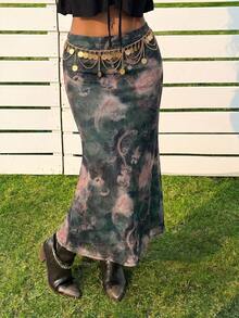 SHEIN EZwear 橄榄绿花卉印花网纱女裙 - 軍綠色 - 查看 5