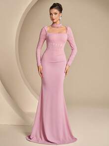 Coutiva Women's Lace Patchwork Ruffle Fishtail Hem Formal Evening Gown (Heavily Embellished) - Baby Pink - View 1