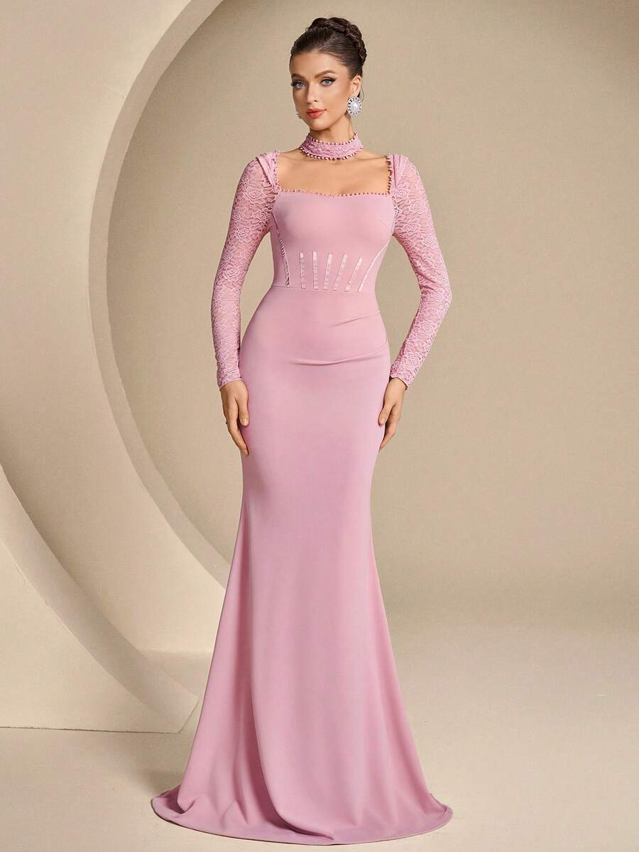 Coutiva Women's Lace Patchwork Ruffle Fishtail Hem Formal Evening Gown (Heavily Embellished) - Baby Pink - View 1