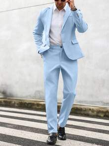 Manfinity Mode Bộ vest nam màu trơn cổ bẻ tay dài, áo blazer và quần tây, kiểu dáng công sở thường ngày, 2 món, thích hợp cho mùa xuân thu. - Màu xanh nhạt - Xem 6