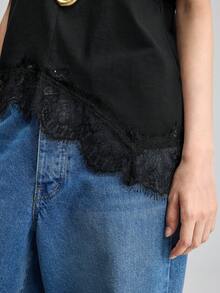 Ontre 2026SS 新款蕾絲拼接女款上衣，寬鬆版型，純黑色 T-shirt，極簡優雅都市現代分線圓領層次設計，女款休閒穿搭，度假、老錢風、茶會、約會、浪漫度假上衣，婚禮賓客服裝，辦公穿搭，教師，返校時尚，百搭女款上衣 - 黑色 - 查看 4