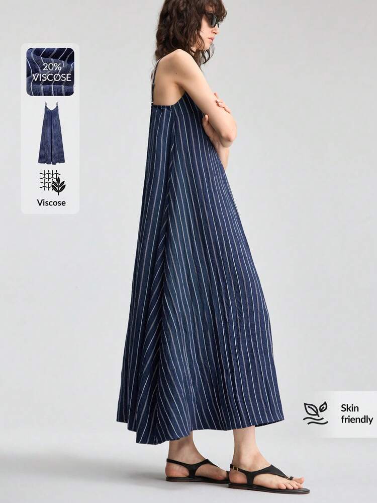 2026SS Spring/Summer New Women's Long Loose Dress, Striped Woven Fabric, Navy Blue & Indigo Blue, Minimalist Elegant Urban Chic Spaghetti Strap Dress With Design Pleats, A-Line Adjustable Buckle, Suitable For Outings, Vacations, Holidays, Romantic Dates, Independence Day, Weddings, Office, Teachers, Back To School, Fashion Versatile Long Dress