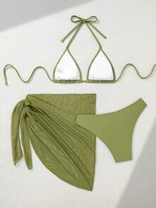 Swim Vcay Conjunto de Maiô Feminino Três Peças Estilo Europeu e Americano Sexy com Costas Abertas para Primavera e Verão, Roupa de Praia Feminina Cor Sólida com Decote Halter e Amarração nas Costas, Saia de Tela da Moda, Design Moderno e Sexy, Adequado para Praia, Lua de Mel e Férias, Conjunto de Maiô Bikini - Verde - Visão 4