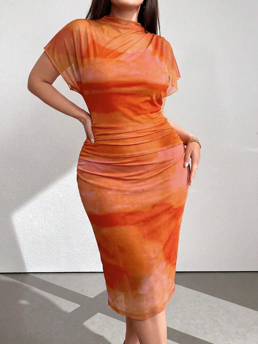 SHEIN Clasi Plus Size Women's Random Print Simple Daily Short Sleeve Dress Maxi Women Outfit - Multicolor - View 1