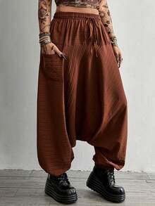 Whyspr Plus Size Casual Solid Color Drop-Crotch Pants - Brown - View 3