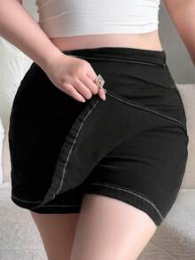 Dazy Plus Stretchy Bodycon Side Slit Denim Mini Skirt, Sexy & Versatile, Plus Size, Spring/Summer - Black - View 9