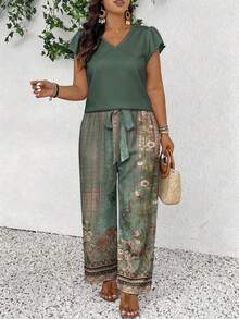 Lounesse Plus Size Casual Solid Color Top And Floral Print Pants 2-Piece Set - Multicolor - View 4
