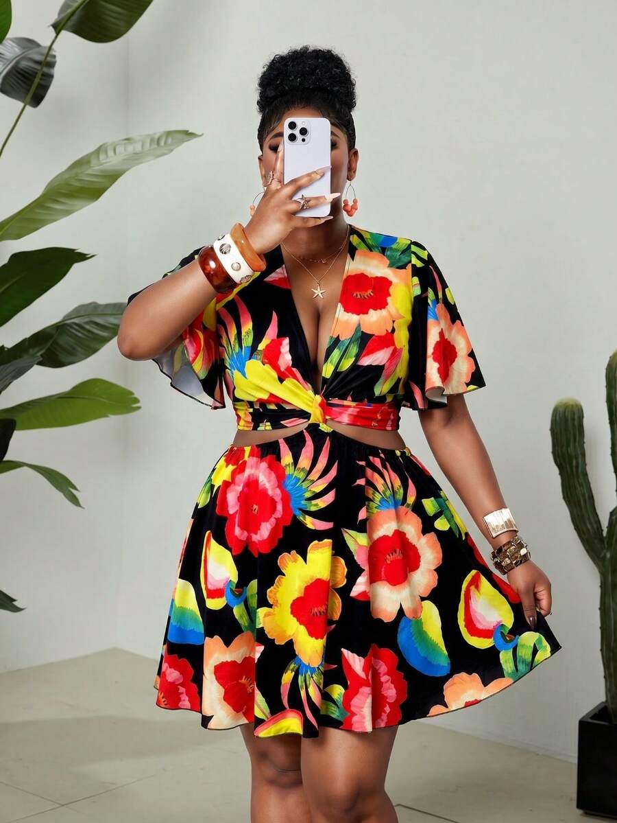 Maweii Plus Size Floral Print Tie-Waist Backless Dress, Casual Holiday Beach Vacation Black Summer - Multicolor - View 1