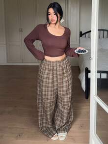 Dazy Plus Plus Size Women Elastic Waist Plaid Loose Pajama Pants - Brown - View 3