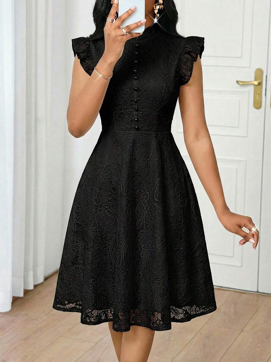 SHEIN Lady Women's Elegant Black Lace Midi Dress With Ruffle Sleeves And Button Detail Perfect For Evening Dinner Tea Party Date Events Office Party Summer - Black - View 1