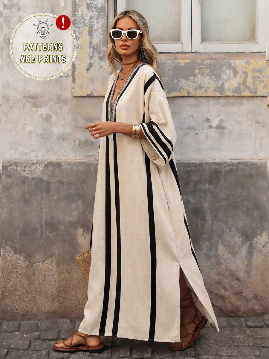 Brillora Đầm maxi dáng rộng xẻ tà in họa tiết dành cho nữ - Màu Khaki - Xem 1