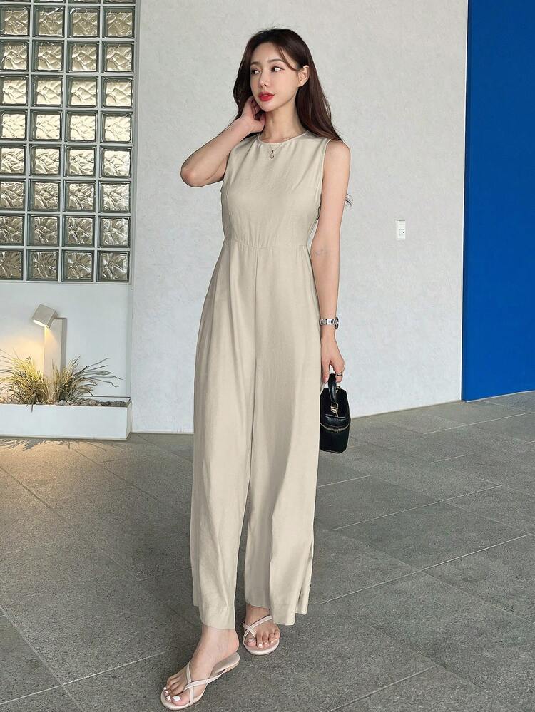 Business Casual Solid Color Sleeveless Backless Wide Leg Jumpsuit Women Jumpsuit Lounge Sets For Women