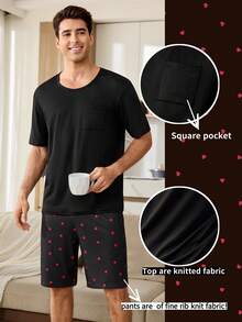 CoupledUp Men's Heart Print Casual Short Sleeve Shorts Pajama Set, Ribbed Knit - Black - View 2