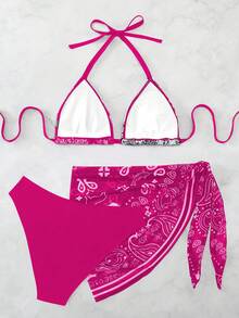 Swim Vcay Plus Size Women 3pcs Halter Backless Printed Bikini Set With Mesh Short Apron, Vacation Swimwear - Multicolor - View 2