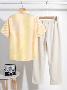 SHEIN 2pcs Tween Boy Striped Short Sleeve Mandarin Collar Shirt And Pants Set,Beige Summer Casual Family Matching Loose Raglan Outfit For School Daily - Multicolor - View 4