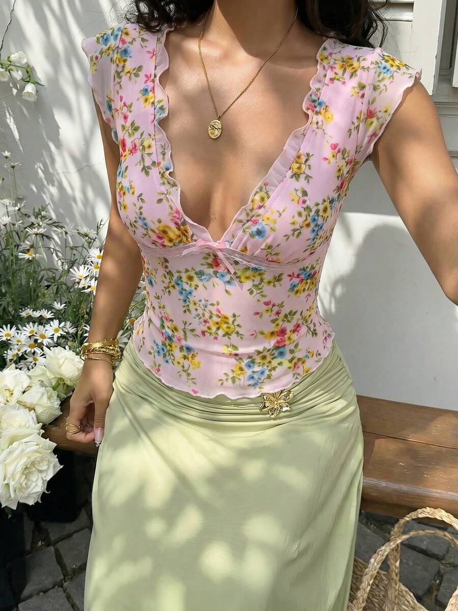 Sunnyshic 女士休闲甜美度假时尚百搭外出派对花卉网纱印花拼接撞色蕾丝边方领短袖修身短款T恤,夏季 - 粉色 - 查看 1