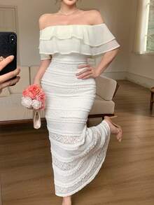 DAZY Đầm midi trễ vai thanh lịch, thoải mái, chất liệu có họa tiết, dành cho nữ, thích hợp cho mùa xuân và mùa hè. - Pearl White - Xem 4