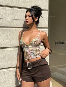 Aloruh Women's Spring/Summer New Tie-Dye Washed PU Mini Shorts With Belt, Retro Distressed Style Shorts - Brown - View 4