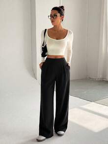 Pantalones anchos de lino beige de comodidad casual para mujer de talla pequeña - Negro - Ver 5