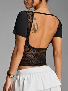 SHEIN HypeZone Áo tập yoga ngắn tay ôm sát, thời trang, thanh lịch dành cho nữ, thiết kế ren chữ U gợi cảm ở lưng, thích hợp cho mùa hè. - màu đen - Xem 5
