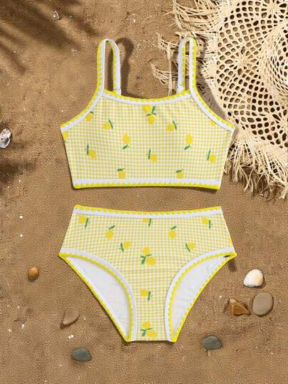 SHEIN Bikini de 2 piezas con estampado de limón para niñas