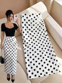 Elenzga Chân váy xếp ly cạp cao chấm bi thanh lịch, kiểu dáng Pháp giản dị, thời trang mùa xuân/hè. - trắng - Xem 1