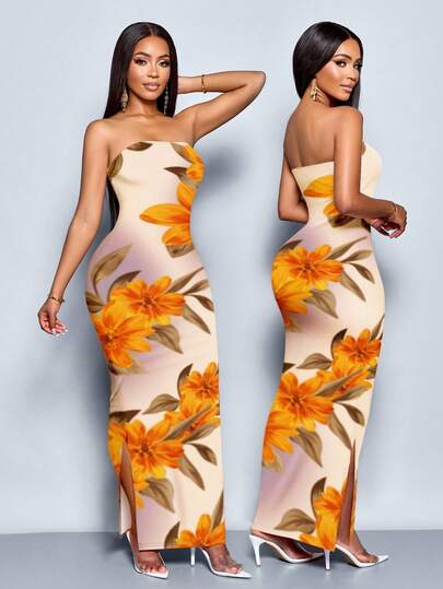 SOLERSUN Women's Elegant Gradient Floral Print Strapless Dress For Spring And Summer, Suitable For Street Fashion, Holiday Business Casual, Everyday Casual Wear, Elegant And Comfortable For Holiday Parties, Women's Dress.