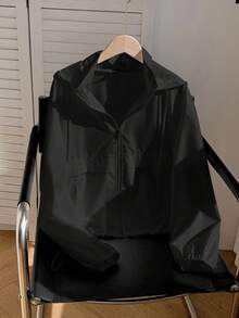 SHEIN PETITE CURVE Plus Size Women's Solid Color Drawstring Hooded Zip-Up Casual Versatile Daily Wear Jacket - Black - View 7