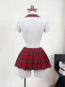 三件套：百褶裙、学生角色扮演用长筒袜 - 紅白色 - 查看 2