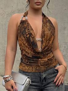 SHEIN SXY Women's Pastal Stripe Plus Size Paisley Halter Neck Tank Top With Ring Detail Fashionable Camisole Summer Top Club Night Out Sexy Brown - Multicolor - View 4
