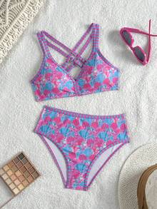 SHEIN Conjunto de bikini con estampado de conchas marinas para niñas preadolescentes - Multicolor - Ver 5