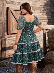 Ceyna Gaun Ukuran Besar Gaya Bohemian Vintage Motif Bunga Patchwork dengan Hiasan Ruffle - Dark Green - View 2