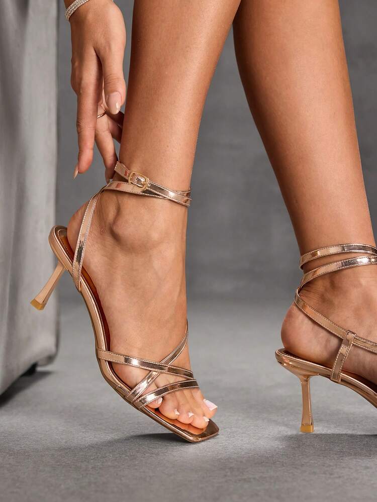 CUCCOO SZL Sexy New Summer Gold Criss-Cross Strap Fashionable Charming Sexy Women's High Heel Sandals, Slim Strap Square Toe Stiletto Heels Open Toe Sandals Spring Shoes