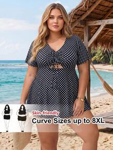 SHEIN CURVE+ 大码女士波点镂空泳装连衣裙和短裤两件套泳衣套装，夏季 - 黑與白 - 查看 1