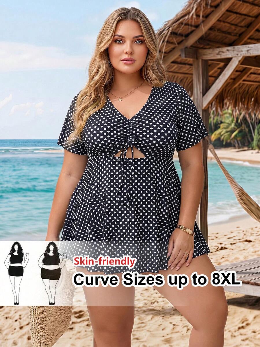 SHEIN CURVE+ 大码女士波点镂空泳装连衣裙和短裤两件套泳衣套装，夏季 - 黑與白 - 查看 1