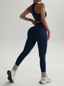 BamGleam Conjunto de ropa deportiva de top de tirantes de cuello de pico y pantalones ajustados de cintura alta para mujer - Azul Marino - Ver 2