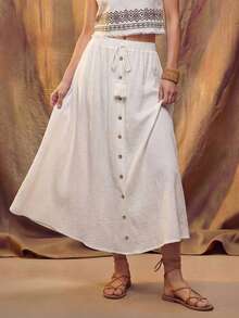 Fembélia Rok A-Line Kancing Depan Warna Polos Kasual Wanita Gaya Girlism untuk Golf dan Musim Panas Pastel - Putih - View 1
