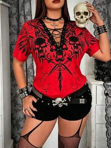 Whyspr Plus Size Punk Eyelet Tape Print Short Sleeve T-Shirt, Spring/Summer - Red - View 6