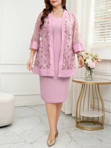 Reflora 2pcs Plus Size Sequin Embroidery Mesh Patchwork Jacket And Dress Set - Pink - View 9