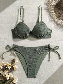 Swim Chiccia Olive Green Summer Casual Holiday Vacation Textured Fabric Collar Decor Adjustable Shoulder Strap Top & Side Drawstring Shorts Luxury Set,Holiday - Green - View 2