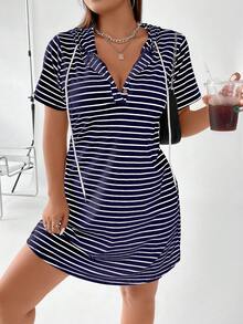 Vionelle Vestido casual canelado com capuz e cordão, tamanho grande. - Azul marinho - Ver 7