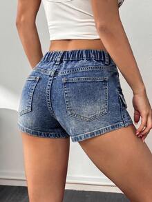 Quần short bó sát bằng vải denim màu xanh dương dành cho bé gái, có chun co giãn. - Rửa trung bình - Xem 4