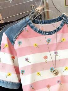 Camiseta casual y de moda para mujer con efecto de parche de mezclilla, estampado a rayas y de cerezas digitales, cuello redondo - Rosa - Ver 4