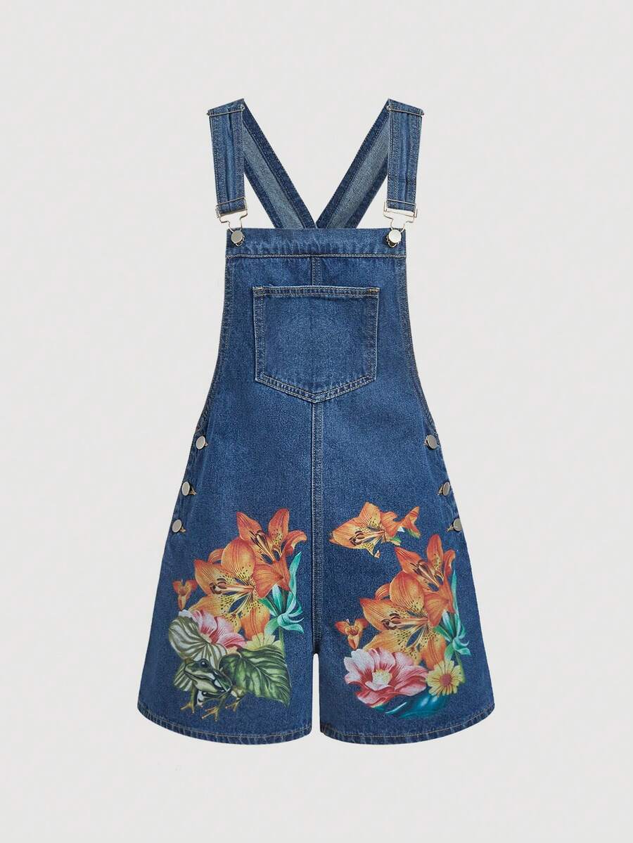 Sweetra Women Floral Pattern Pocket Design Casual Boho Denim Bib Shorts Vacation Blue Floral Summer - Medium Wash - View 1