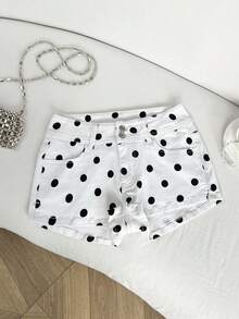 Elamini Women's Polka Dot Print Button Pocket Denim Shorts - Multicolor - View 4