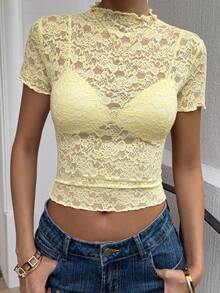 DAZY Camiseta de mujer de manga corta con cuello alto transparente de encaje, de unicolor, para primavera y verano - Amarillo - Ver 1